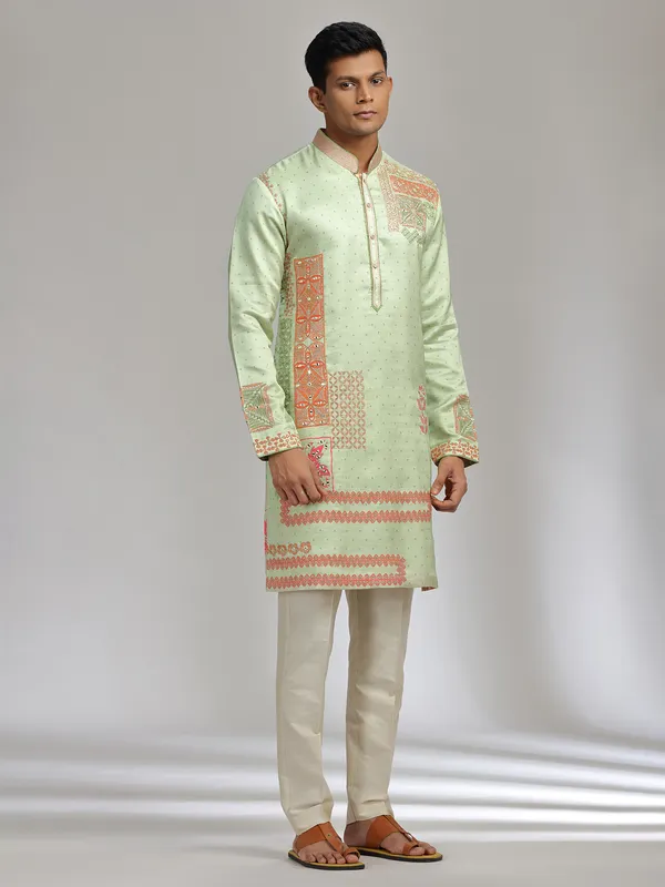 Pista green printed satin linen kurta pajama for festive wear