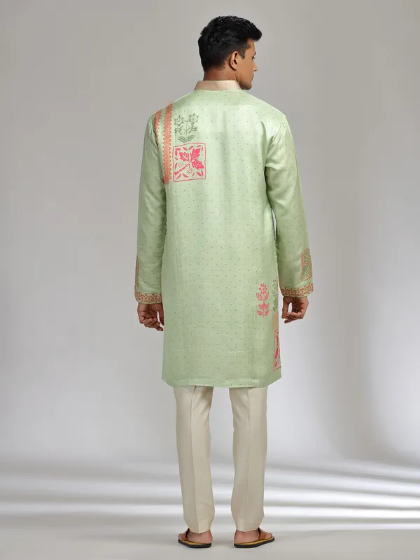 Pista green printed satin linen kurta pajama for festive wear