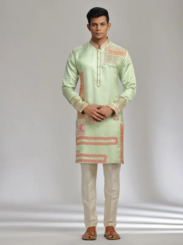 Pista green printed satin linen kurta pajama for festive wear