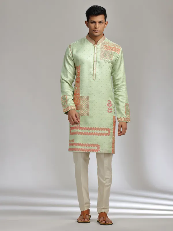 Pista green printed satin linen kurta pajama for festive wear