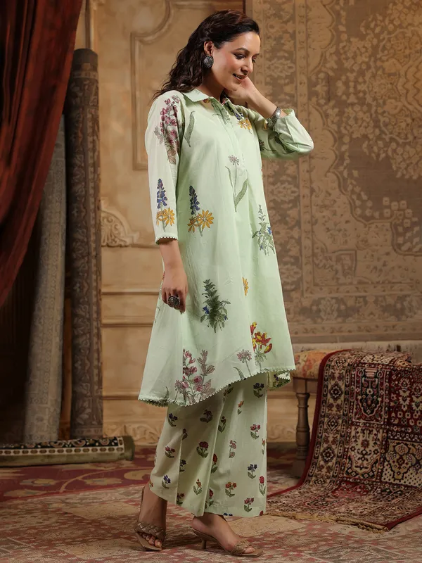 Pista green printed silk kurti set