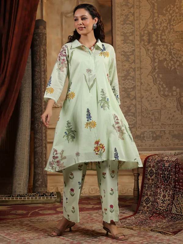 Pista green printed silk kurti set