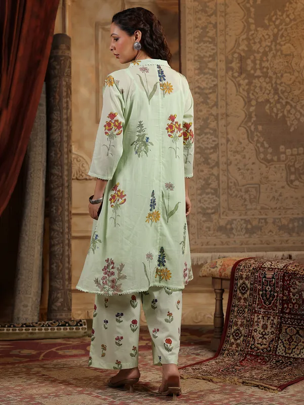 Pista green printed silk kurti set