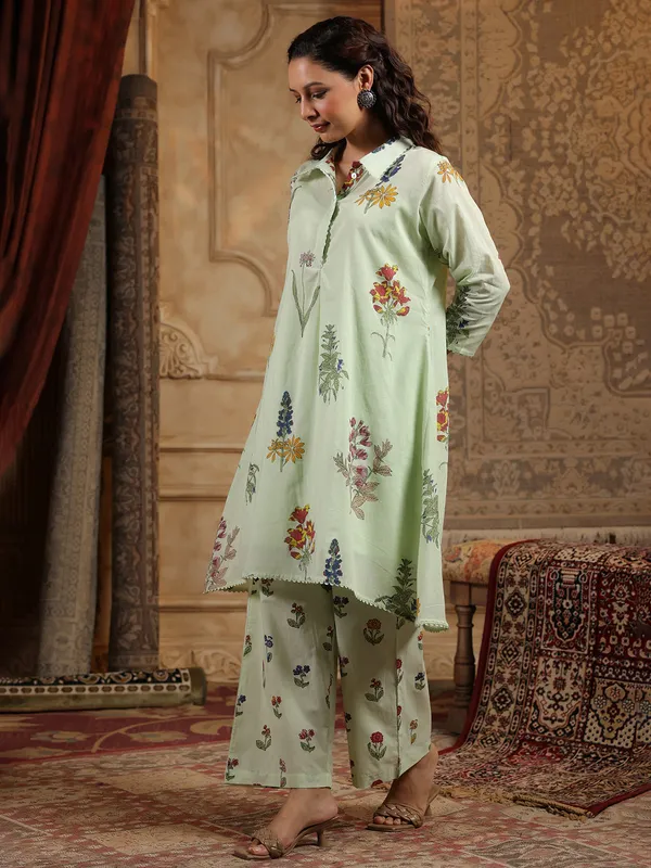 Pista green printed silk kurti set
