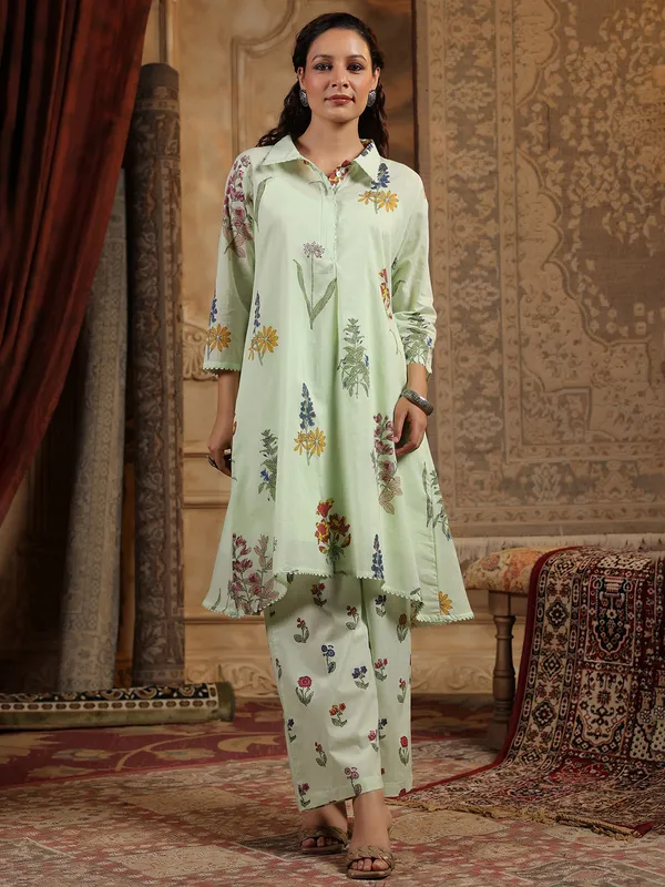 Pista green printed silk kurti set