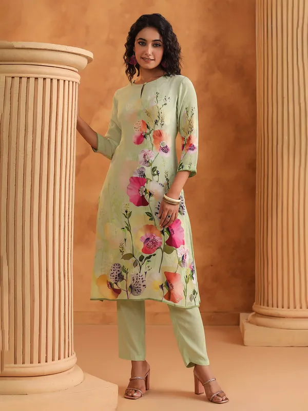 Pista green printed silk kurti set for casual