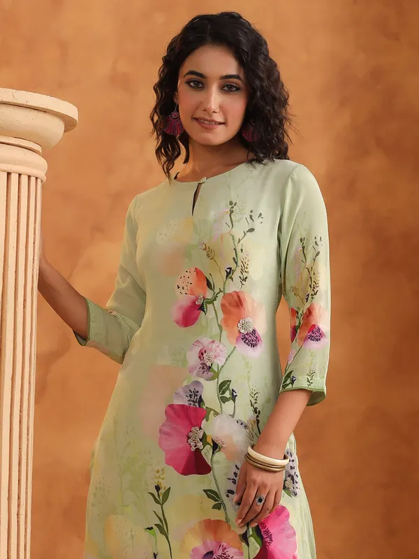 Pista green printed silk kurti set for casual