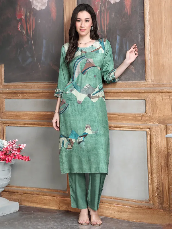 Pista green printed silk kurti set for festive