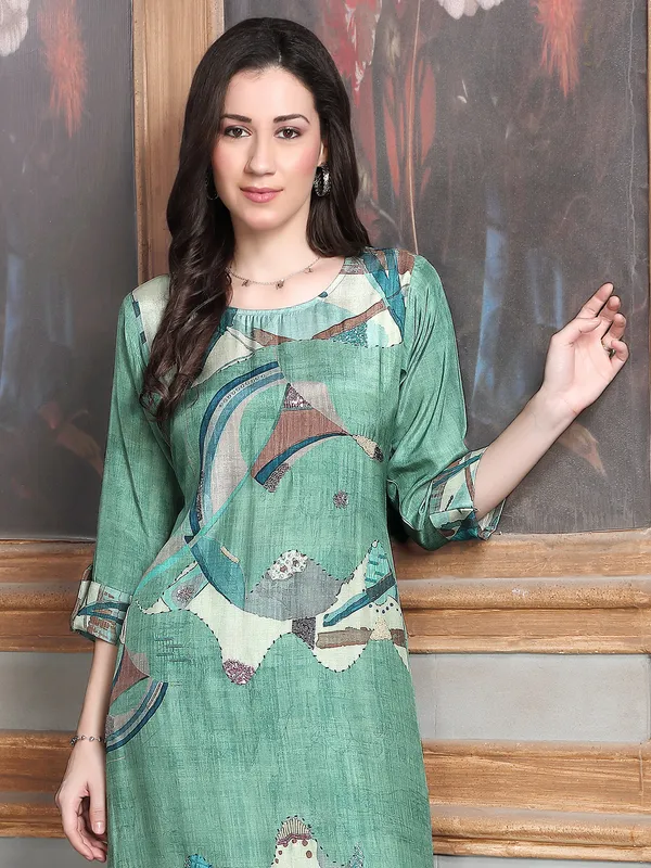Pista green printed silk kurti set for festive