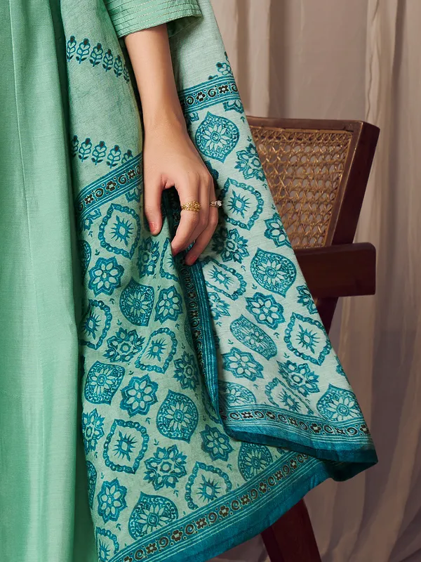 Pista green printed silk kurti set for women