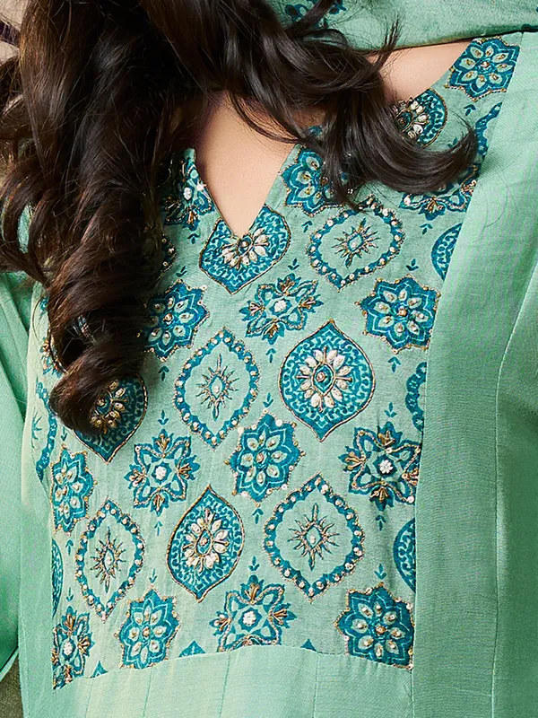 Pista green printed silk kurti set for women