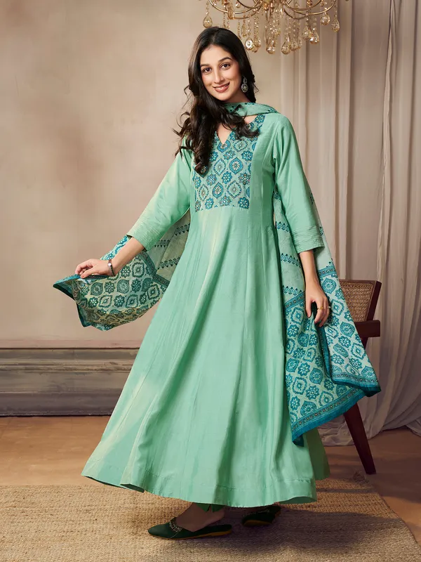 Pista green printed silk kurti set for women