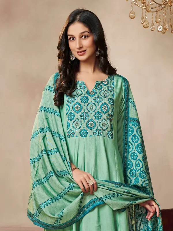 Pista green printed silk kurti set for women