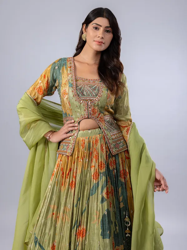Pista green printed silk lehenga choli