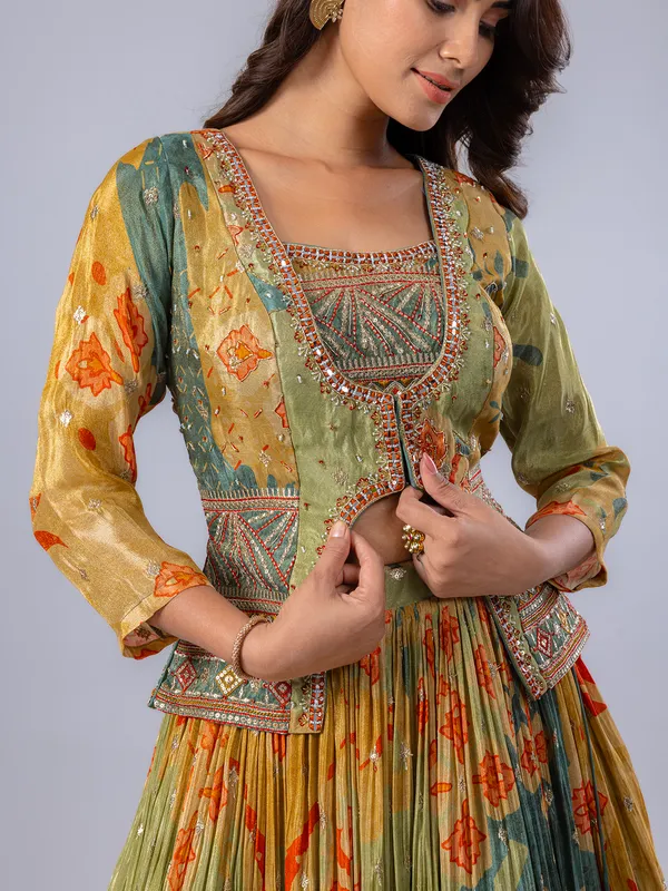 Pista green printed silk lehenga choli