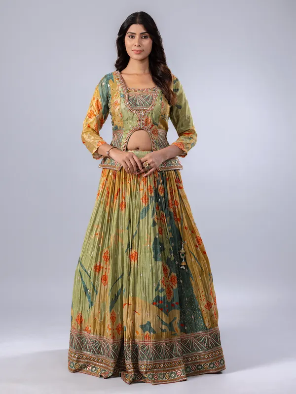 Pista green printed silk lehenga choli