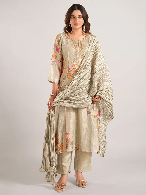 Pista green printed silk salwar suit with dupatta