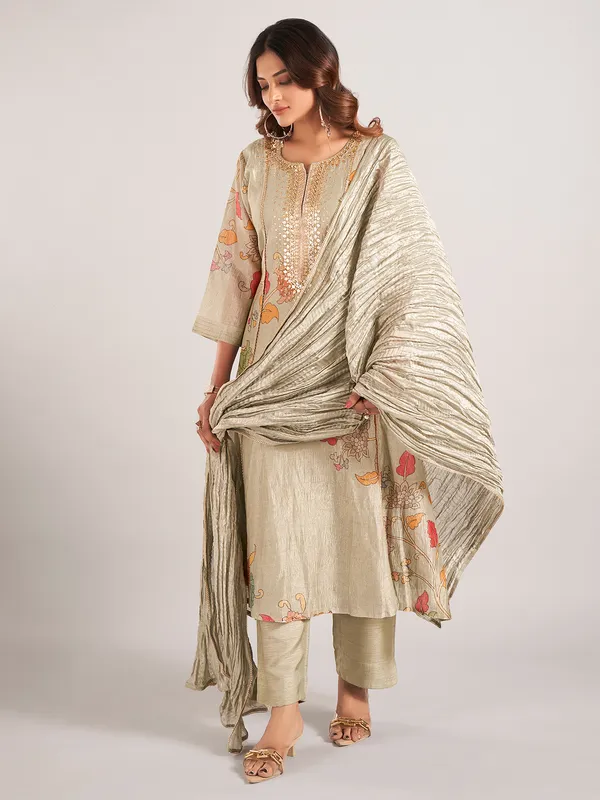 Pista green printed silk salwar suit with dupatta