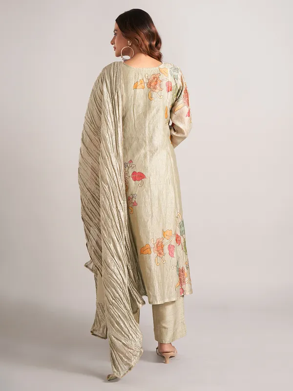 Pista green printed silk salwar suit with dupatta