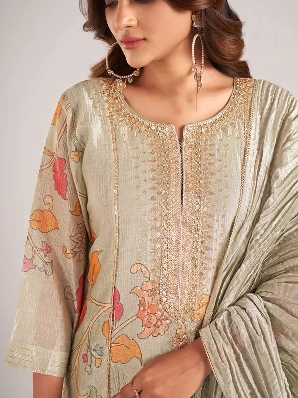 Pista green printed silk salwar suit with dupatta