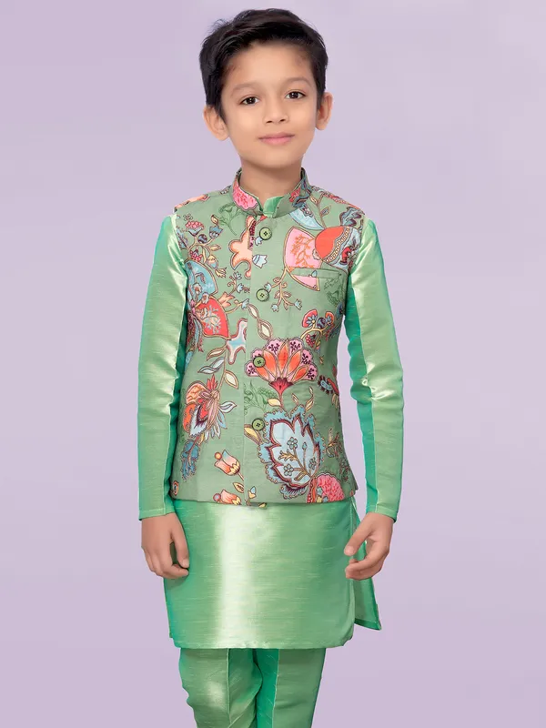 Pista green printed silk waistcoat set for boys