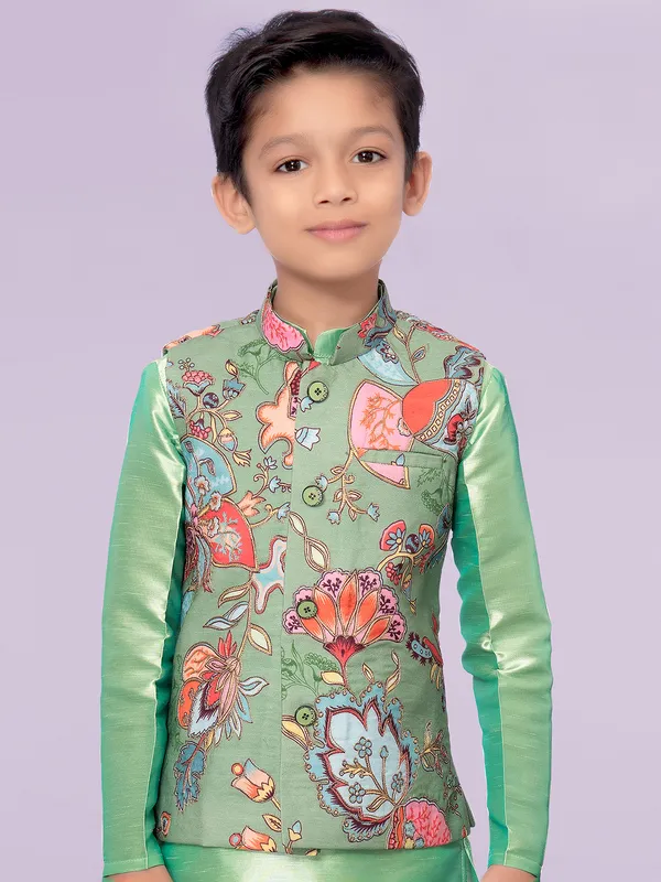 Pista green printed silk waistcoat set for boys