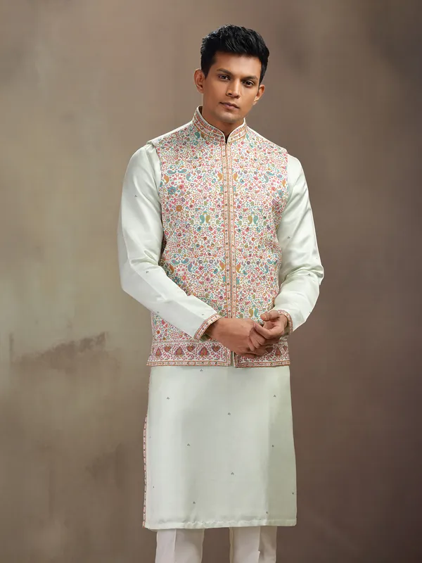 Pista green printed waistcoat set in satin linen