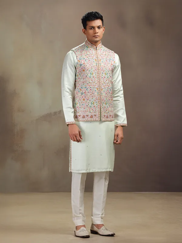 Pista green printed waistcoat set in satin linen