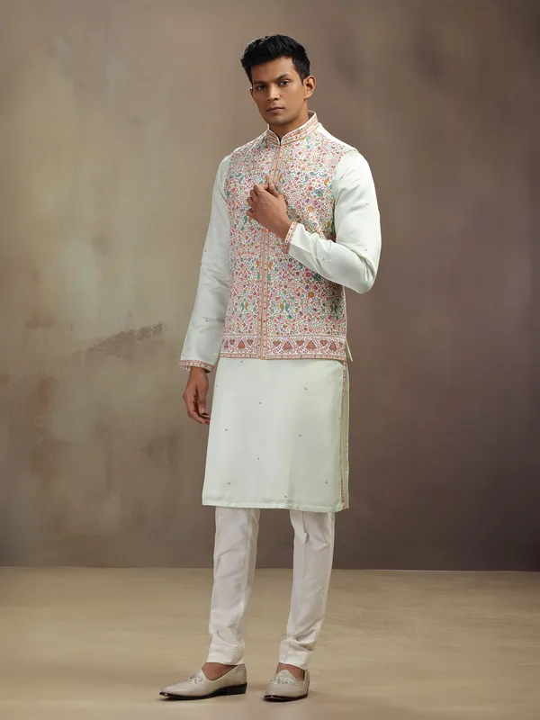 Pista green printed waistcoat set in satin linen