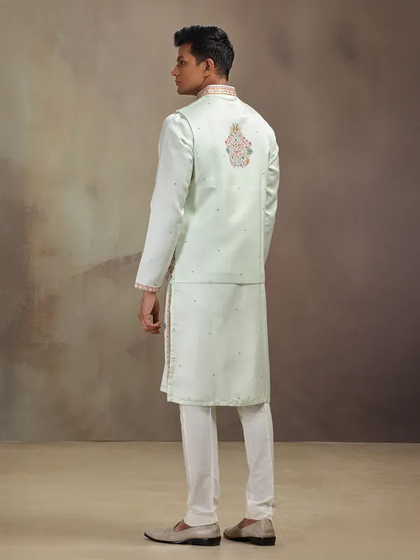 Pista green printed waistcoat set in satin linen