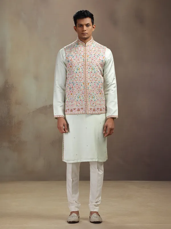 Pista green printed waistcoat set in satin linen