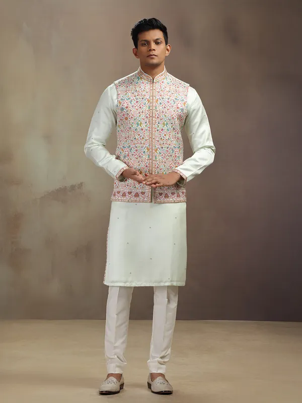 Pista green printed waistcoat set in satin linen