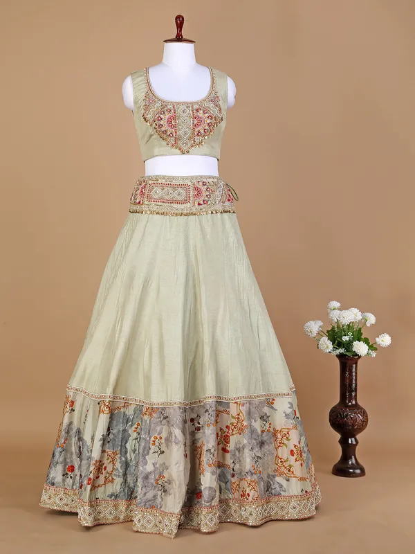 Pista green raw silk lehenga choli with shrug