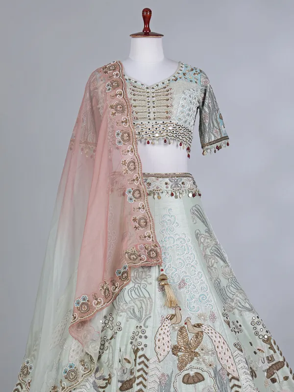 Pista green raw silk sweetheart bridal lehenga choli