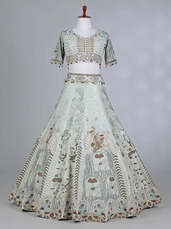 Pista green raw silk sweetheart bridal lehenga choli