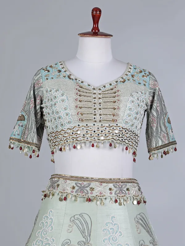 Pista green raw silk sweetheart bridal lehenga choli