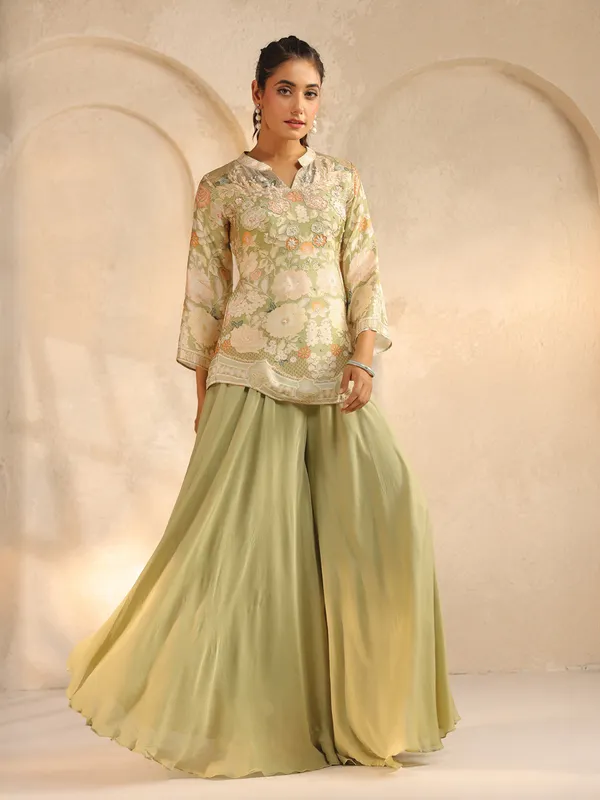 Pista green rinted palazzo suit with bead work