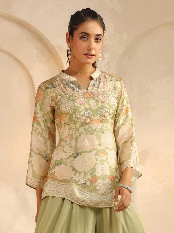 Pista green rinted palazzo suit with bead work