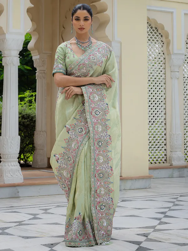 Pista green saree in premium silk