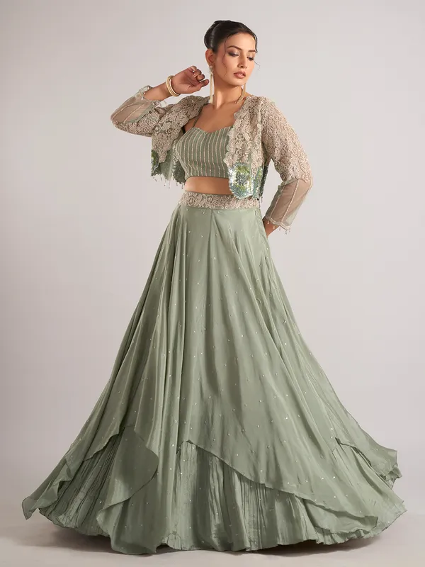 Pista green satin jacket style lehenga choli in silk