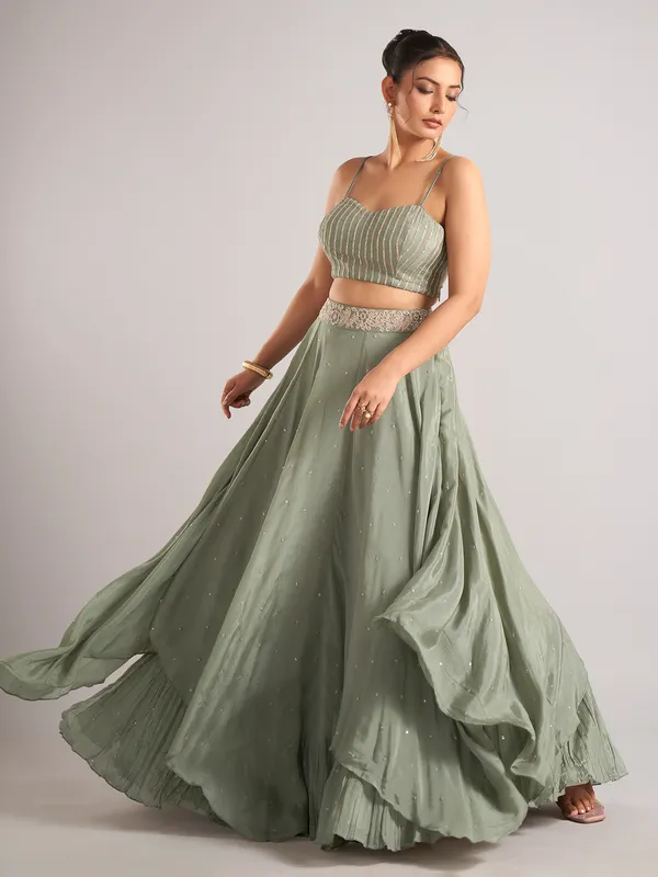 Pista green satin jacket style lehenga choli in silk