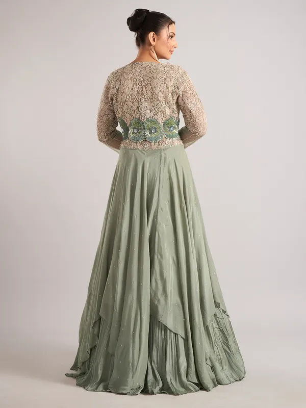 Pista green satin jacket style lehenga choli in silk