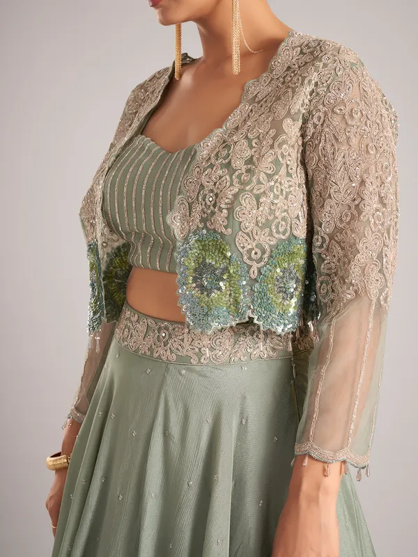 Pista green satin jacket style lehenga choli in silk