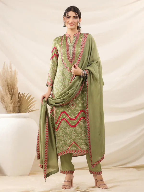 Pista green satin kurti set with dupatta