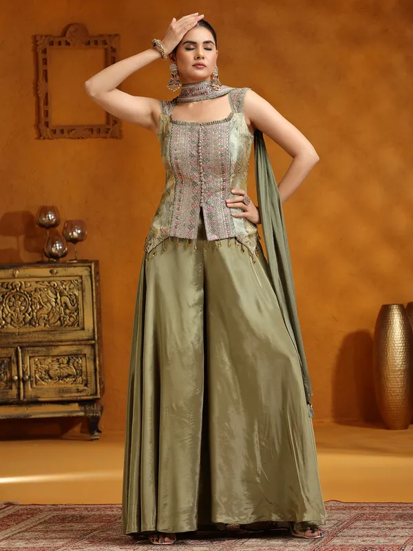 Pista green satin silk palazzo suit with dupatta