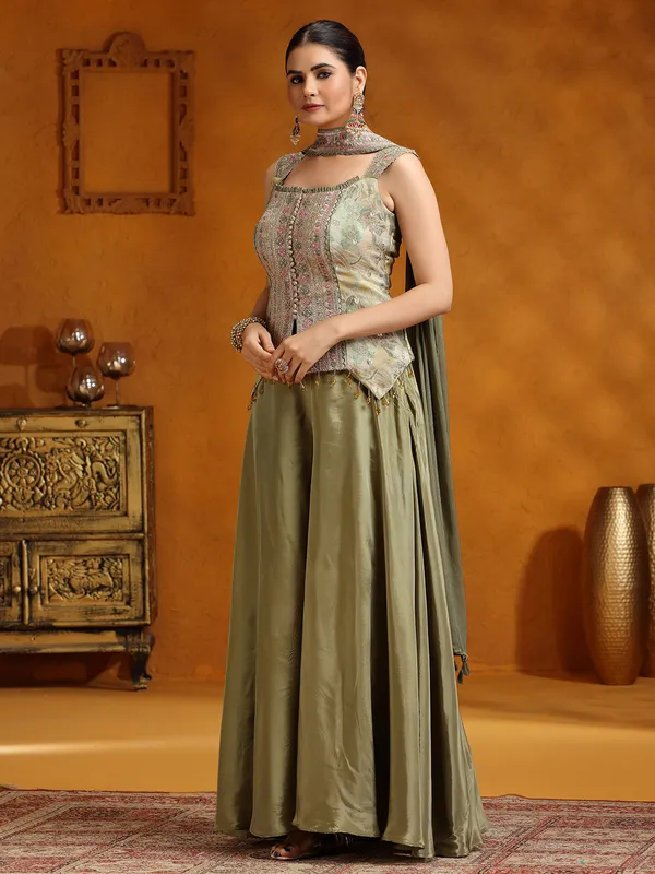 Pista green satin silk palazzo suit with dupatta