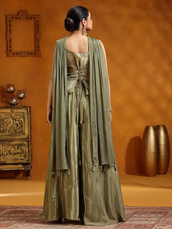 Pista green satin silk palazzo suit with dupatta