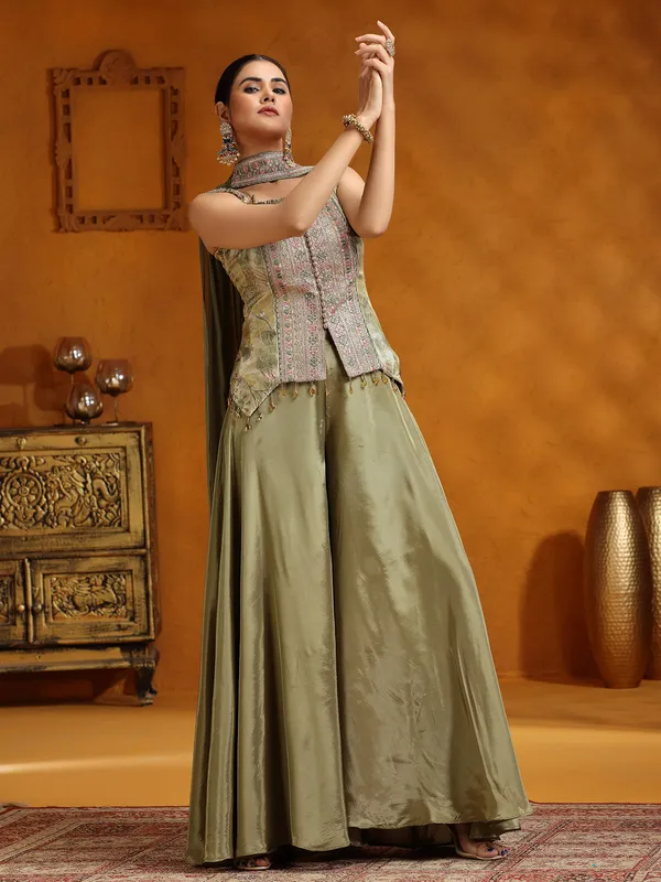 Pista green satin silk palazzo suit with dupatta