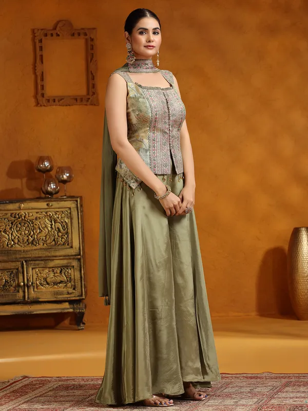 Pista green satin silk palazzo suit with dupatta