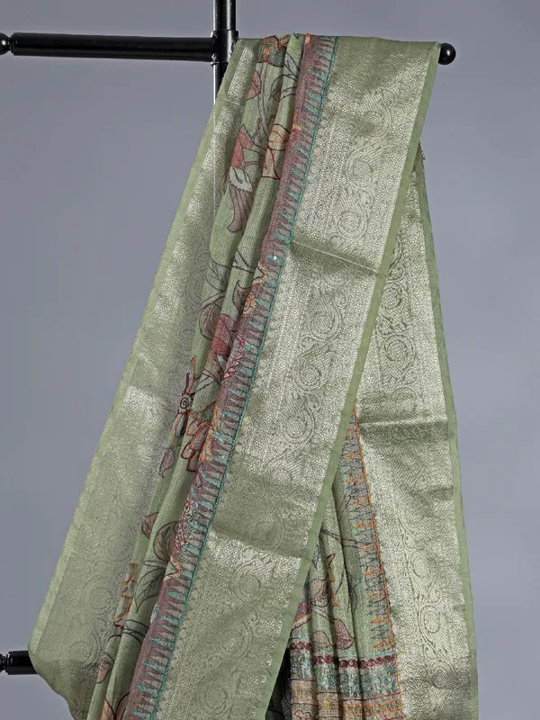 Pista green semi cotton festival wear saree